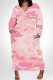 Pink Casual Daily Floral Print Pocket Contrast V Neck Printed Plus Size Dresses
