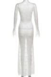 White Elegant Solid Color Patchwork O Neck Long Dresses
