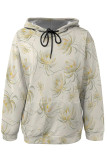 White Casual Street Floral Print Butterfly Draw String Pocket Contrast Hooded Tops