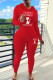Red Casual Print Draw String Patchwork Hooded Long Sleeve Two Pieces