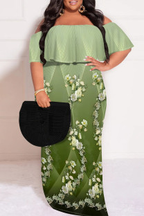 Green Sexy Floral Print Gradient Ruffle Contrast Off Shoulder Printed Plus Size Dresses
