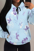 Blue Casual Street Floral Print Butterfly Draw String Pocket Contrast Hooded Tops