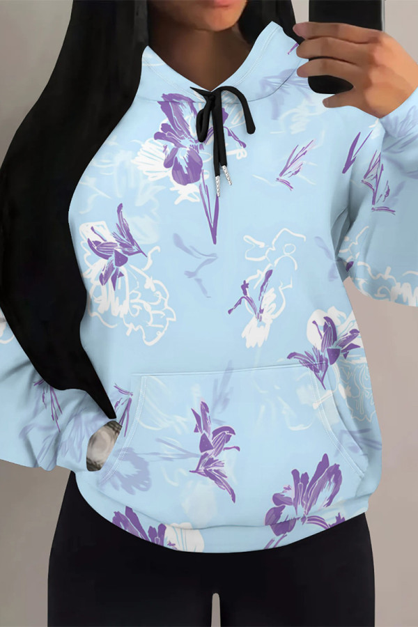 Blue Casual Street Floral Print Butterfly Draw String Pocket Contrast Hooded Tops