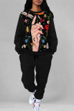 Cyanine Casual Street Graffiti Print Flowers Draw String Pocket Contrast O Neck Long Sleeve Two Pieces