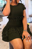 Black Casual Solid Color Patchwork Pleated O Neck Wrapped Skirt Dresses