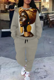 Cyanine Casual Street Graffiti Print Flowers Draw String Pocket Contrast O Neck Long Sleeve Two Pieces