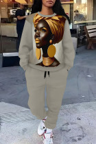 Light Khaki Casual Street Graffiti Print Flowers Draw String Pocket Contrast O Neck Long Sleeve Two Pieces