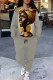 Light Khaki Casual Street Graffiti Print Flowers Draw String Pocket Contrast O Neck Long Sleeve Two Pieces