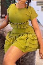 Olive Green Casual Solid Color Patchwork Pleated O Neck Wrapped Skirt Dresses