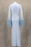 Light Blue Elegant Solid Color Patchwork Turtleneck Long Dresses