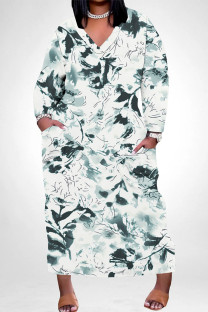 White Blue Casual Daily Floral Print Pocket Contrast V Neck Printed Plus Size Dresses