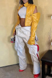 Yellow Casual Solid Color Buttons Patchwork Turndown Collar Outerwear