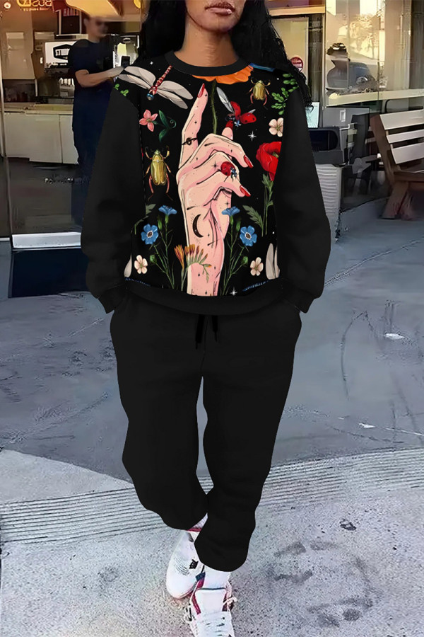Black Casual Street Graffiti Print Flowers Draw String Pocket Contrast O Neck Long Sleeve Two Pieces