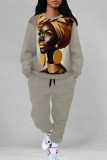 Cyanine Casual Street Graffiti Print Flowers Draw String Pocket Contrast O Neck Long Sleeve Two Pieces