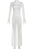 White Elegant Solid Color Patchwork O Neck Long Dresses