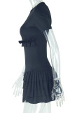 Black Casual Solid Color Patchwork Pleated O Neck Wrapped Skirt Dresses