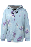 White Casual Street Floral Print Butterfly Draw String Pocket Contrast Hooded Tops