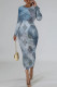 Lake Blue Casual Letter Print Gradient Contrast O Neck Printed Dresses