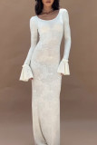 White Elegant Solid Color Patchwork O Neck Long Dresses