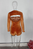 Brown Casual Solid Color Patchwork Asymmetrical Collar Skinny Rompers
