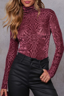 Burgundy Casual Print Patchwork Turtleneck Tops