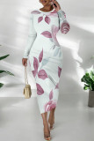 White Purple Elegant Floral Print Contrast O Neck Printed Dresses