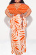 Orange Sexy Geometric Print Gradient Lace Up Contrast V Neck Printed Plus Size Dresses