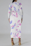 White Purple Elegant Floral Print Contrast O Neck Printed Dresses