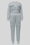 Grey Casual Solid Color Pocket Patchwork Zipper Zipper Collar Long Sleeve Two Pieces