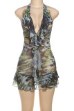 Green Sexy Print Patchwork Backless Strap Design Halter Wrapped Skirt Dresses
