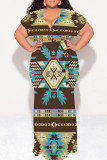 Black Red Casual National Totem Print Lace Up Contrast V Neck Printed Plus Size Dresses