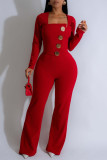 Brown Casual Solid Color Buttons Patchwork Square Neck Regular Jumpsuits