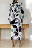 White Purple Elegant Floral Print Contrast O Neck Printed Dresses