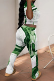 Green Casual Street Ombre Print Contrast O Neck Short Sleeve Two Pieces