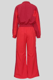 Red Casual Patchwork Zipper Contrast Zipper Collar Long Sleeve Two Pieces
