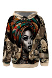 Coffee Casual Street Figure Print Draw String Pocket Hooded Tops
