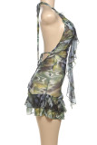 Green Sexy Print Patchwork Backless Strap Design Halter Wrapped Skirt Dresses