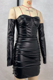 Black Sexy Solid Color Patchwork Backless Ruched Strapless Wrapped Skirt Dresses