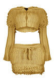 Yellow Casual Solid Color Draw String Buckle Patchwork Button Collar Long Sleeve Two Pieces