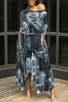 Black Gray Casual Street Faux Denim Print Pocket Irregular Contrast Oblique Collar Irregular Dresses
