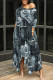 Black Gray Casual Street Faux Denim Print Pocket Irregular Contrast Oblique Collar Irregular Dresses