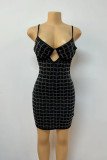Black Casual Plaid Patchwork Backless Hot Drill Spaghetti Strap Sling Dresses