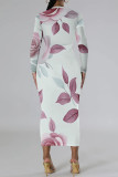White Purple Elegant Floral Print Contrast O Neck Printed Dresses