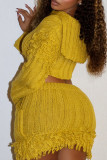 Yellow Casual Solid Color Draw String Buckle Patchwork Button Collar Long Sleeve Two Pieces