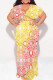 Red Yellow Sexy Geometric Print Gradient Lace Up Contrast V Neck Printed Plus Size Dresses