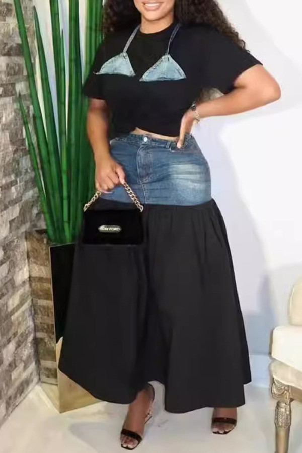 Black Casual Pocket Patchwork O Neck Short Sleeve Two Pieces