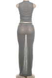 Grey Elegant Solid Color Hollow Out Patchwork O Neck Three Pieces