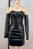 Black Sexy Solid Color Patchwork Backless Ruched Strapless Wrapped Skirt Dresses