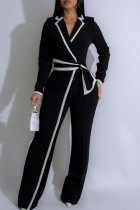 Black Casual Patchwork Contrast Turndown Collar Regular Jumpsuits