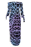 Blue Sexy Leopard Print Lace Up Slit Contrast Off Shoulder Printed Dresses